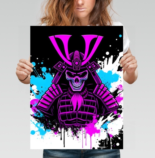Фотография футболки Neon Cyber Samurai Warrior / Самурай Череп в ярких брызгах краски