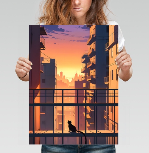 Фотография футболки Silhouette Cat Watching City Sunset Силуэт кота смотрящего на закат города