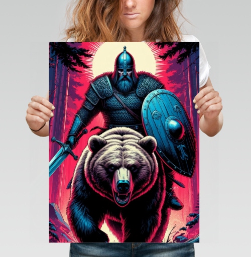Фотография футболки Viking Warrior Bear / Викинг на медведе в стиле ретроволна медведь воин фэнтези