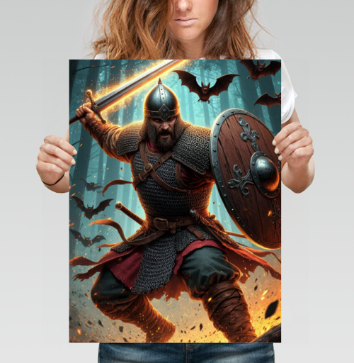 Фотография футболки Viking / Викинг - Яростный викинг с пылающим мечом и щитом воин северная битва