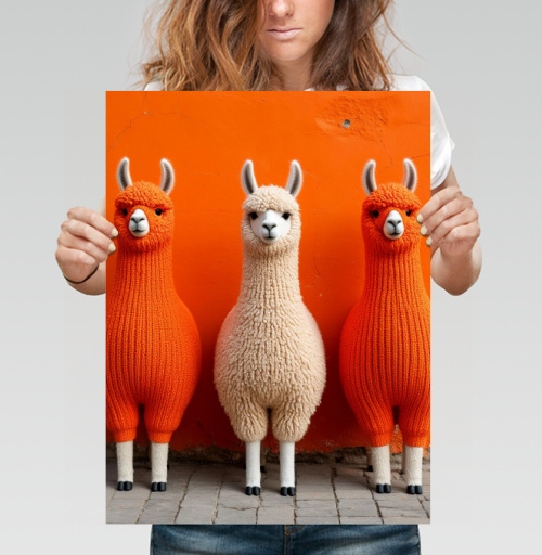 Фотография футболки Llamas in orange sweaters / Ламы в ярких свитерах у оранжевой стены