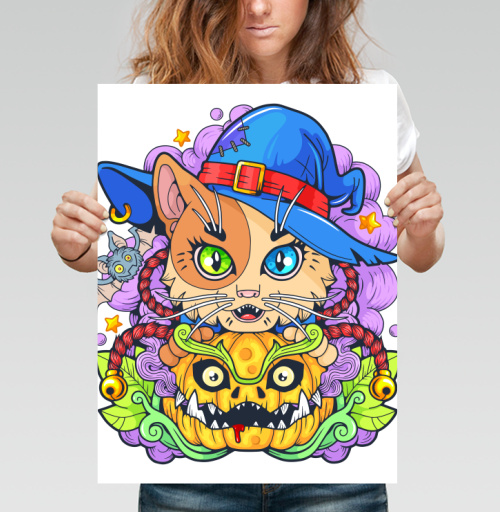 Фотография футболки Кот в шляпе с тыквой и мистикой Halloween