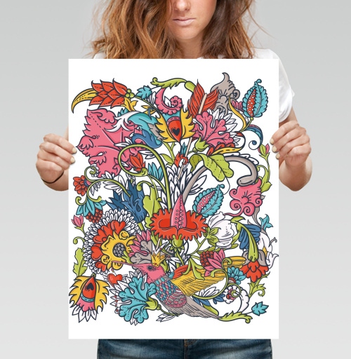 Фотография футболки Vintage floral seamless pattern with bird / Винтажный цветочный бесшовный узор с птицей