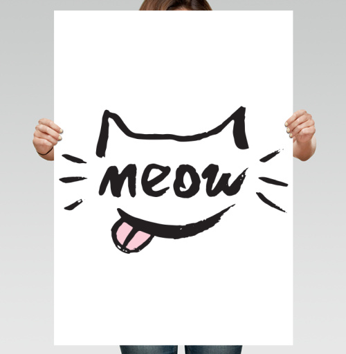 Фотография футболки Игривый кот с надписью meow и высунутым язычком