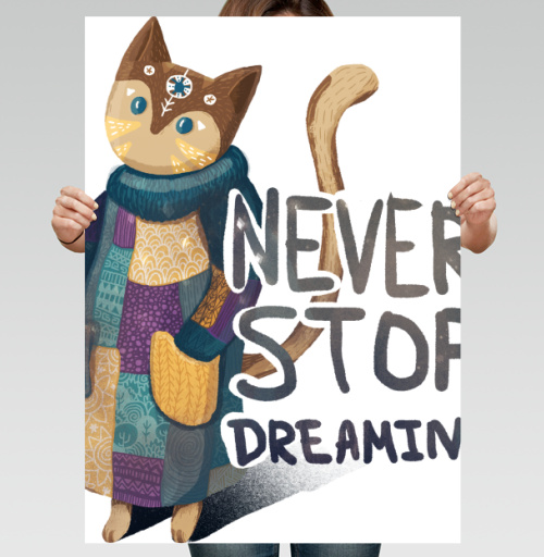 Фотография футболки Яркая вдохновляющая стилизованная кошка NEVER STOP DREAMING