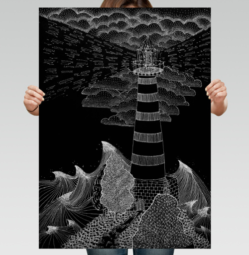 Фотография футболки Маяк в штормовом освещении ночи