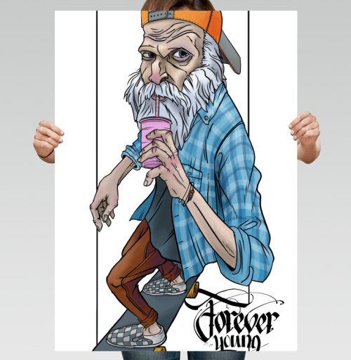 Фотография футболки Пожилой скейтбордист «Forever Young» в кепке