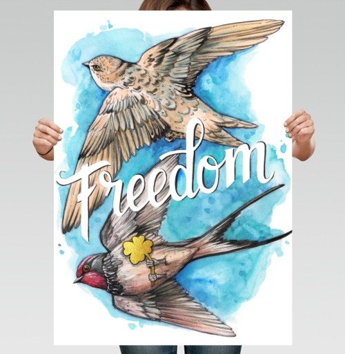 Фотография футболки Freedom – Свобода птицы в небе с золотым клевером удачи Свобода