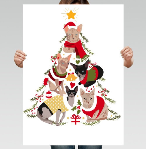 Фотография футболки Новогодние коты в форме елки Merry Christmas