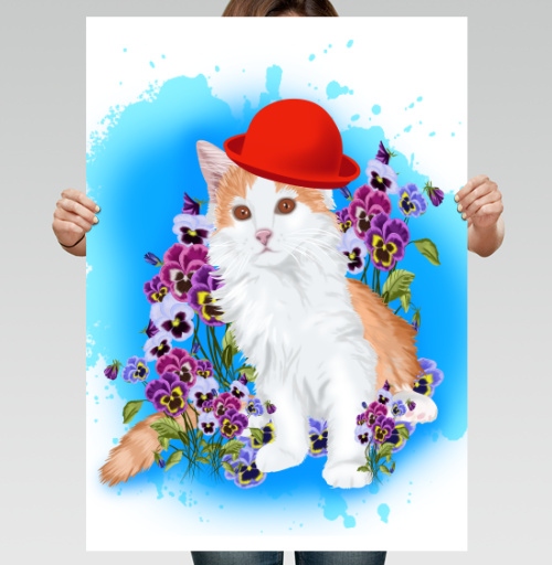 Фотография футболки Кот в красной шляпе и анютины глазки Кот в красной шляпе и анютины глазки