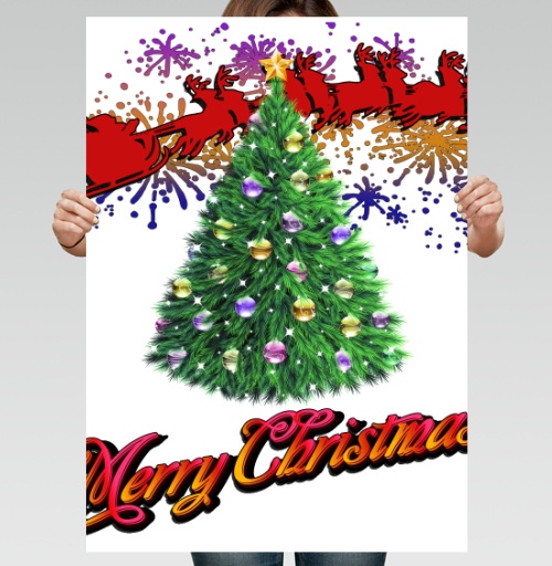 Фотография футболки Яркая новогодняя елка с оленями и Merry Christmas надписью