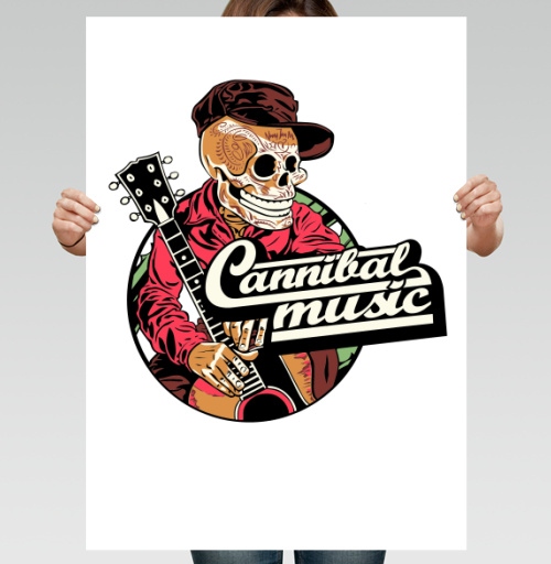 Фотография футболки Музыкальный бунтарь скелет в красной рубашке Cannibal music