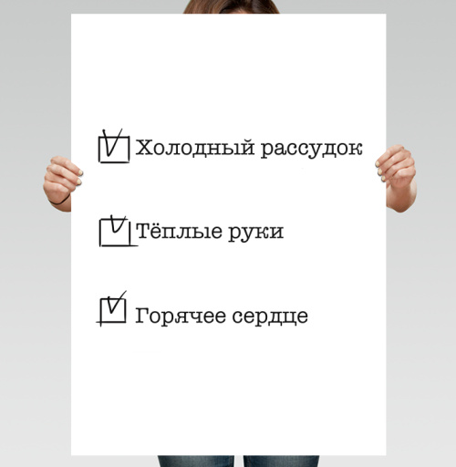 Фотография футболки Список качеств человека Холодный рассудок Тёплые руки Горячее сердце