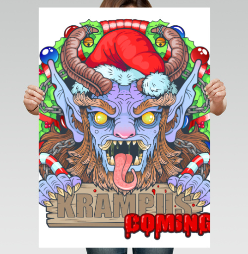Фотография футболки Яркий принт Крампус с надписью «KRAMPUS IS COMING»