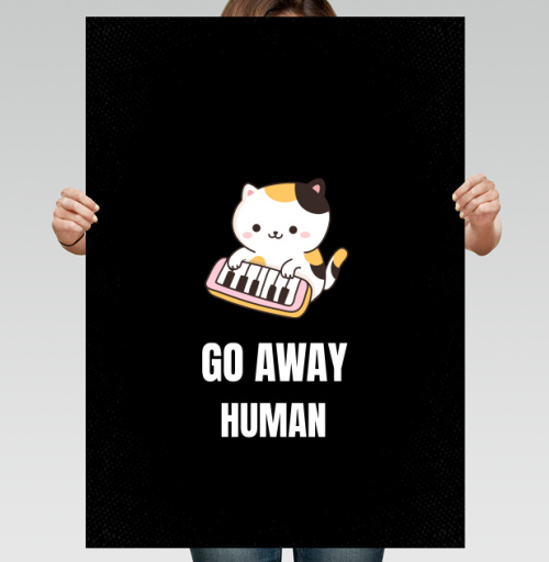 Фотография футболки Мультяшный котёнок с синтезатором и надписью GO AWAY