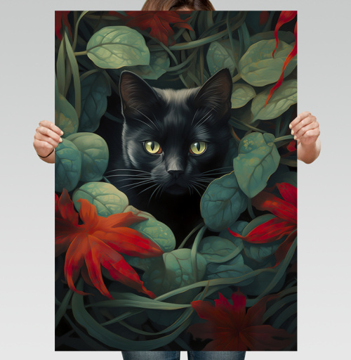 Фотография футболки Кот в зеленой листве с красными листьями Кот в листве