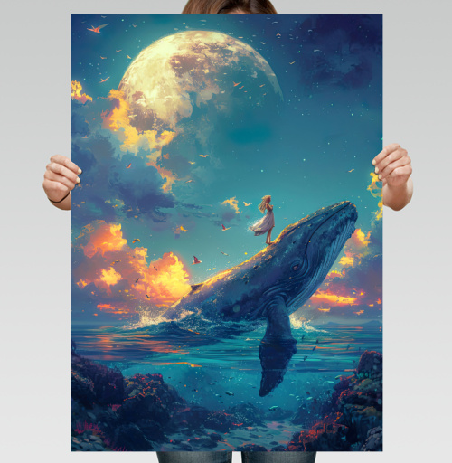 Фотография футболки Фантазия единства: Кит и девушка на Луне