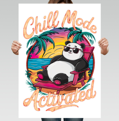 Фотография футболки Панда отдых на закате пляж в кресле Chill Mode Activated