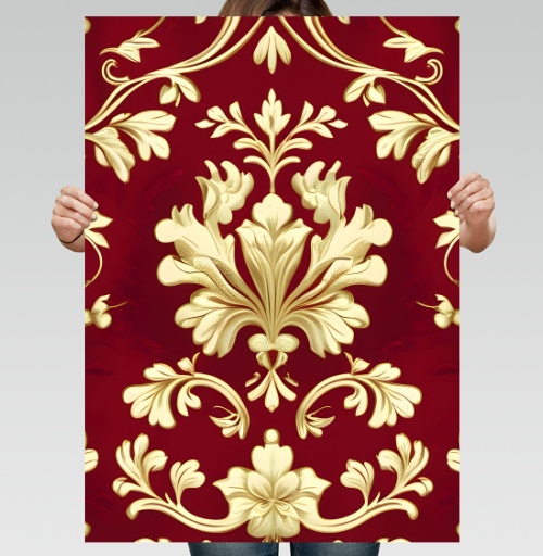 Фотография футболки Золотой дамасский узор на темном бордовом фоне Golden damask pattern
