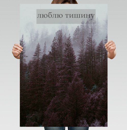 Фотография футболки Глубокий фиолетовый туманный еловый лес с надписью люблю тишину