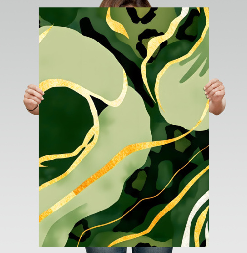 Фотография футболки Золотые изгибы на зеленом анималистичном фоне / Golden curves on green animal background