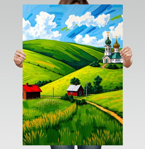 Фотография футболки Village Summer Landscape - Летний сельский пейзаж с золотыми куполами церкви