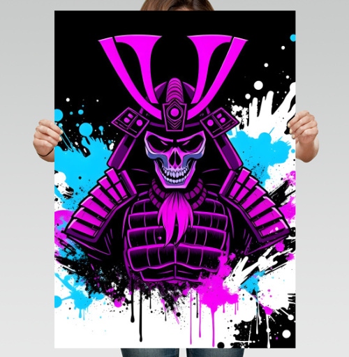 Фотография футболки Neon Cyber Samurai Warrior / Самурай Череп в ярких брызгах краски