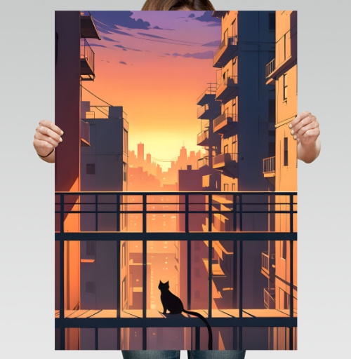 Фотография футболки Silhouette Cat Watching City Sunset Силуэт кота смотрящего на закат города