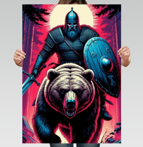 Фотография футболки Viking Warrior Bear / Викинг на медведе в стиле ретроволна медведь воин фэнтези