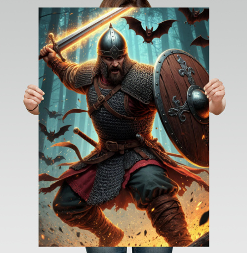 Фотография футболки Viking / Викинг - Яростный викинг с пылающим мечом и щитом воин северная битва