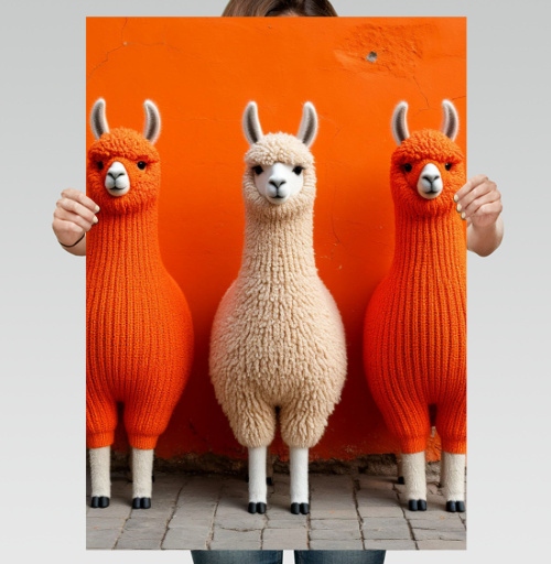 Фотография футболки Llamas in orange sweaters / Ламы в ярких свитерах у оранжевой стены