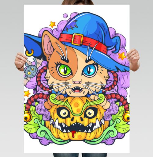 Фотография футболки Кот в шляпе с тыквой и мистикой Halloween