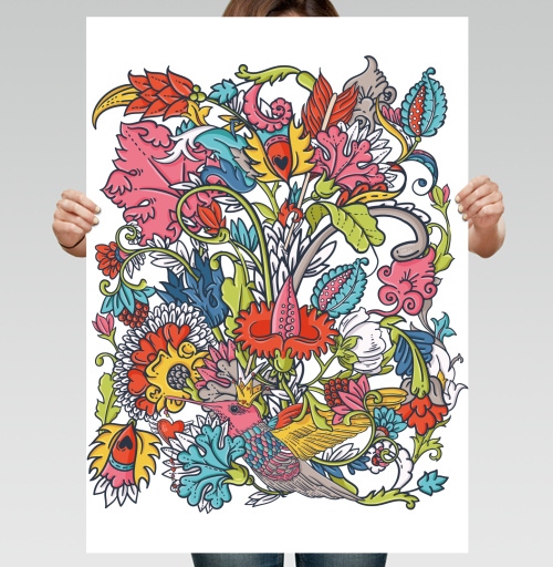 Фотография футболки Vintage floral seamless pattern with bird / Винтажный цветочный бесшовный узор с птицей