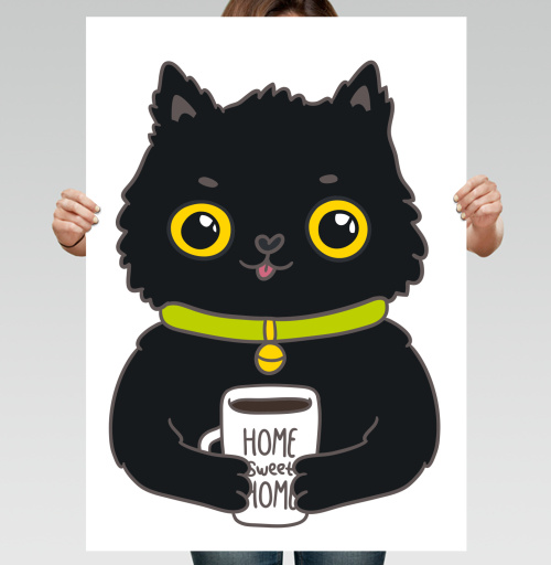 Фотография футболки Милый черный кот с кружкой «HOME SWEET HOME»