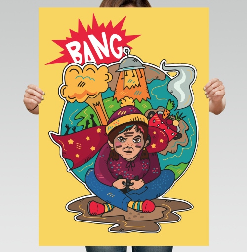 Фотография футболки Ребенок в апокалипсисе с джойстиком BANG