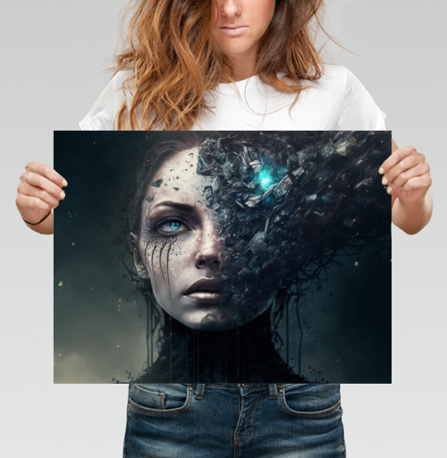 Фотография футболки Разрушающееся Лицо Женщины в Футуристическом Обличье