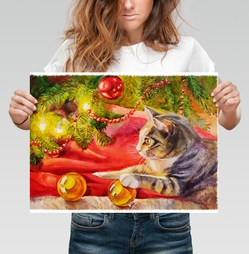 Фотография футболки Новогодний кот с ёлочными игрушками символ Нового года