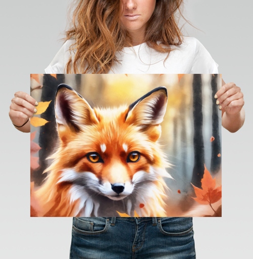 Фотография футболки Теплый осенний лис рыжие листья лесу