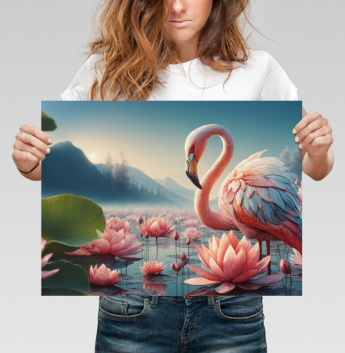 Фотография футболки Розовый фламинго среди цветущих лотосов на рассвете