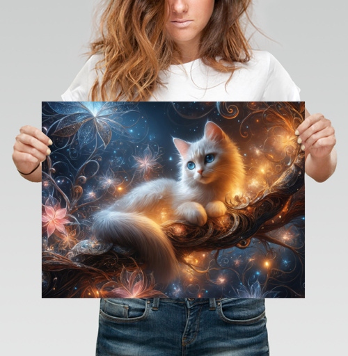 Фотография футболки Белый кот на волшебной ветке с цветами фэнтези