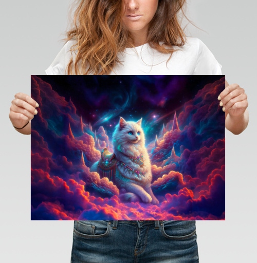 Фотография футболки Красивая белая кошка в космических облаках фантазия