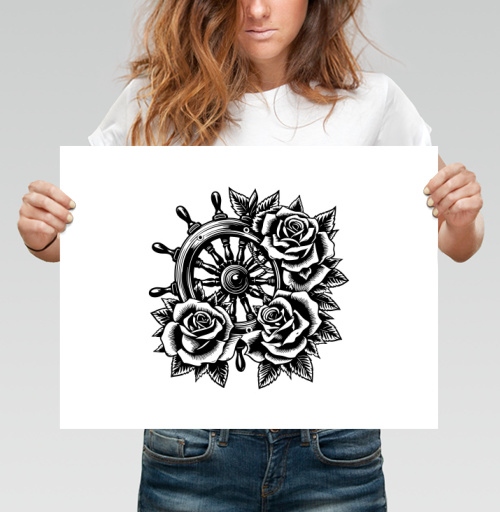Фотография футболки Штурвал корабля с пышными розами в стиле тату Roses Tattoo Style