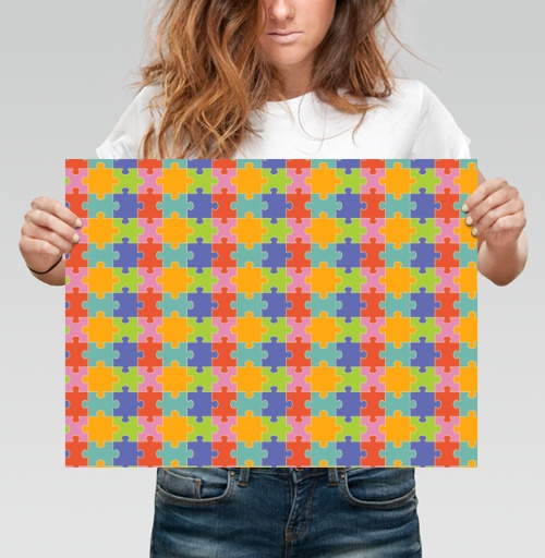 Фотография футболки Бесконечная яркая мозаика из элементов Puzzle Pattern Узор пазлов