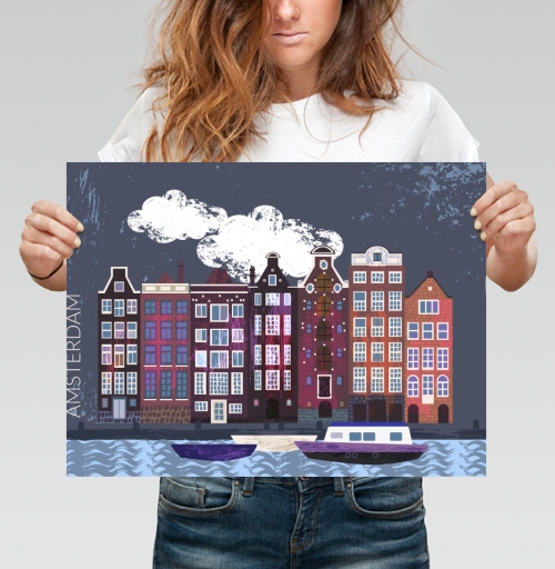 Фотография футболки Вечерние дома Амстердама Amsterdam houses на фоне ночного города