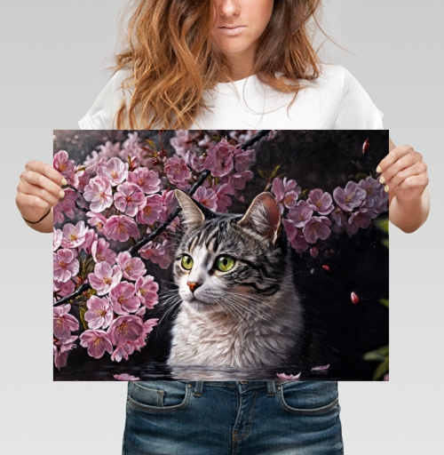 Фотография футболки Cat in sakura – Полосатый кот среди розовых лепестков Кот сакура вишня