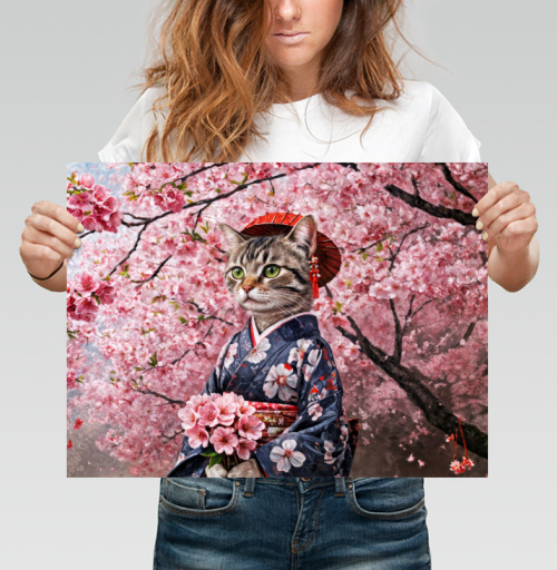 Фотография футболки Кот в кимоно с цветами сакуры