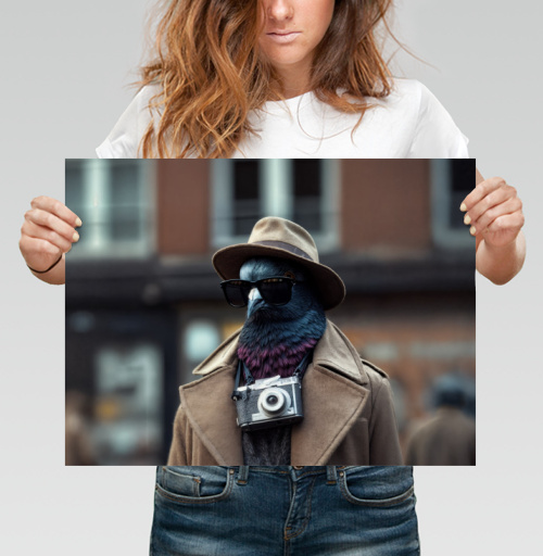 Фотография футболки Коричневое пальто с фотокамерой на вороне на улице