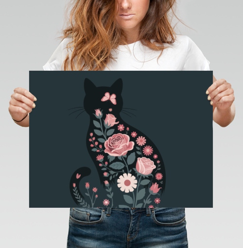 Фотография футболки Изящный грациозный силуэт черного кота в розах Floral cat rose
