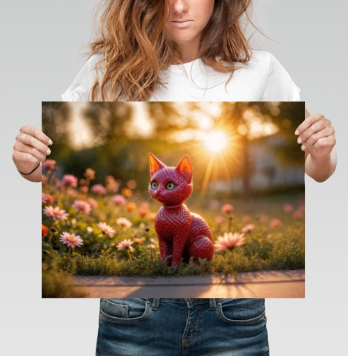Фотография футболки Красная кошка среди цветов на закате в волшебном саду