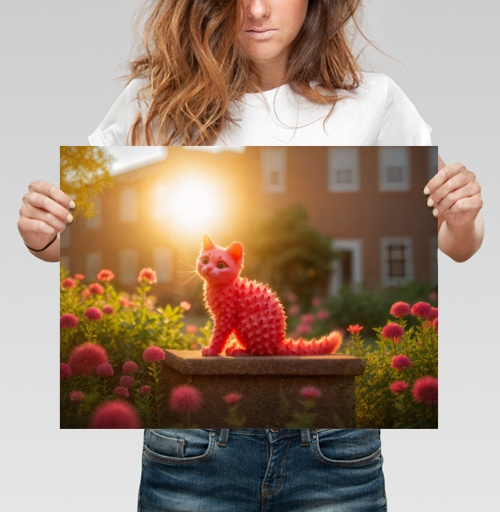 Фотография футболки Розовый кот с шипами в саду у камня